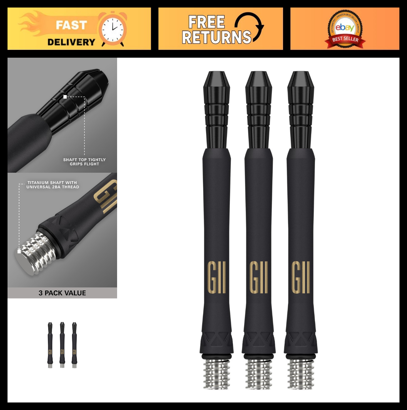 Professional Dart Shafts Pack of 3 | Titanium Power 9-Five, Short/Medium/Long