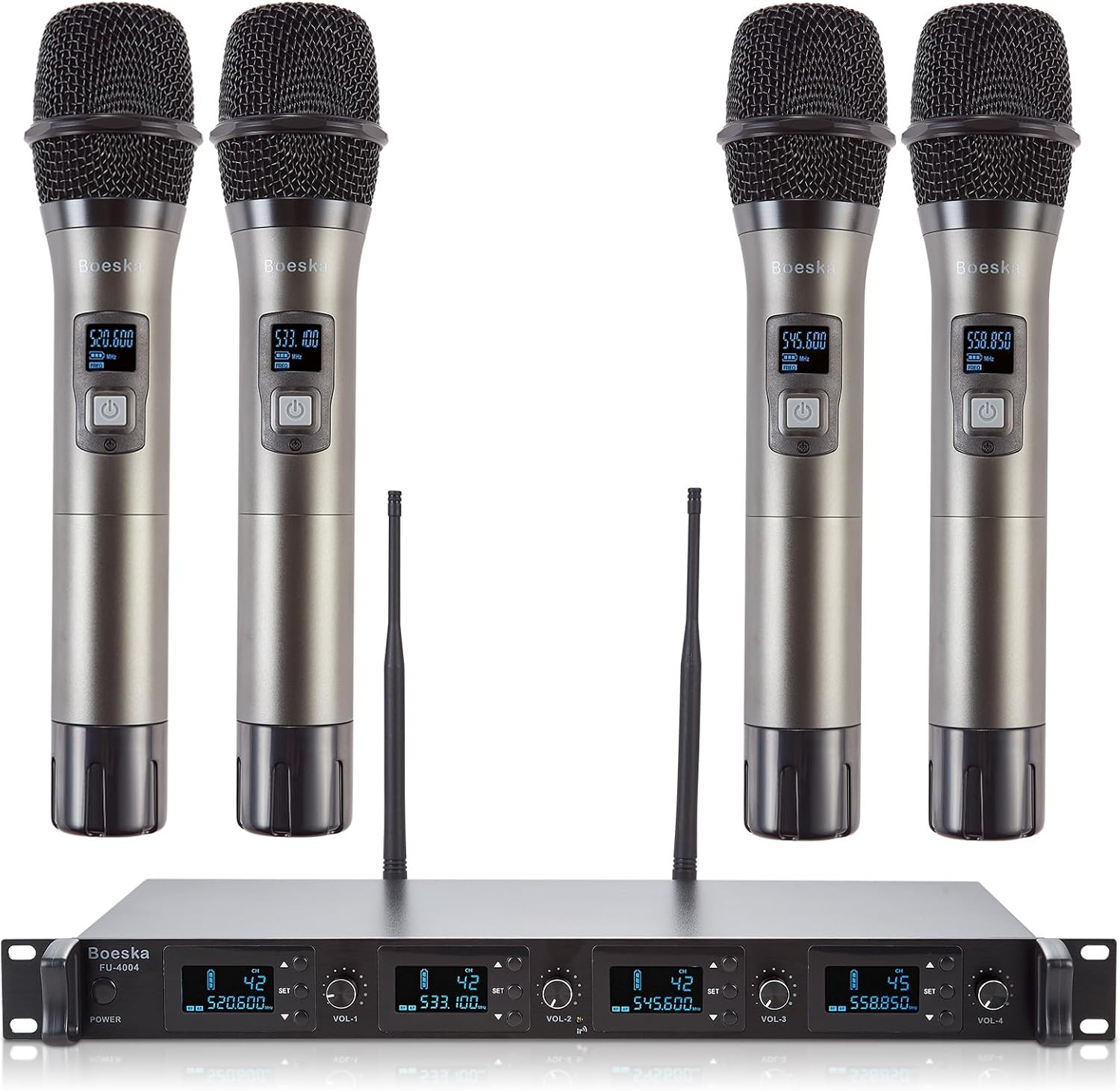 4-Channel UHF Wireless Microphone System with 4 Handheld Mics, 200Ft Range
