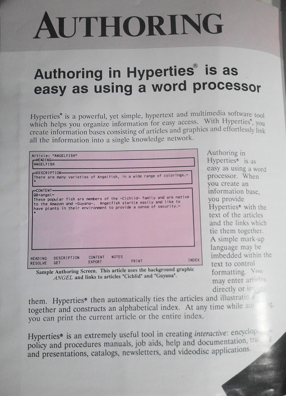 Hyperties by Cognetics Corporation brochure. Hypertext/ multimedia software tool