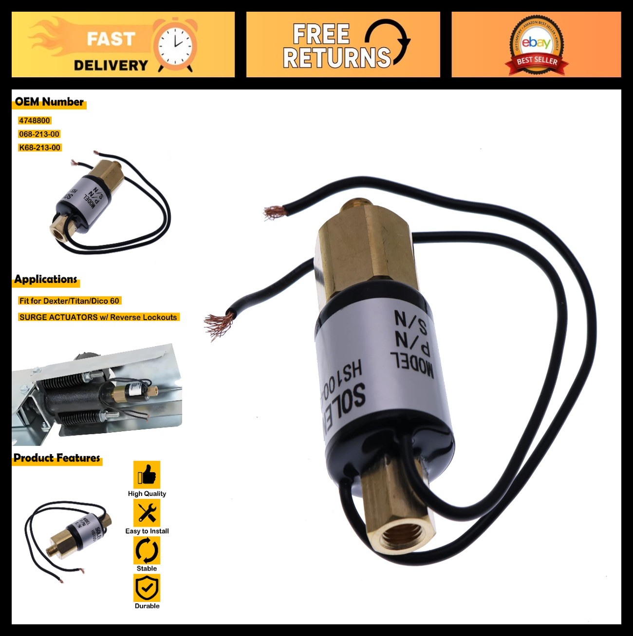 12V Solenoid Valve for Dexter Titan Dico 60 Surge Actuators Reverse Lockouts