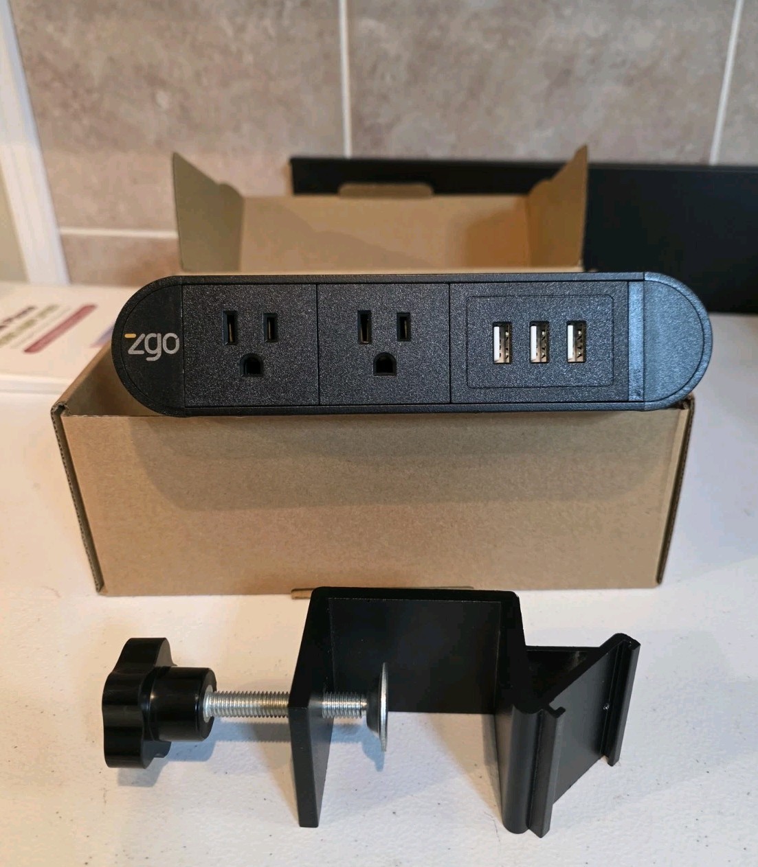 New In BOX ZGO Desk Mounted Power Strip With 2 AC Ports and 3 USB-A 6ft Cord.