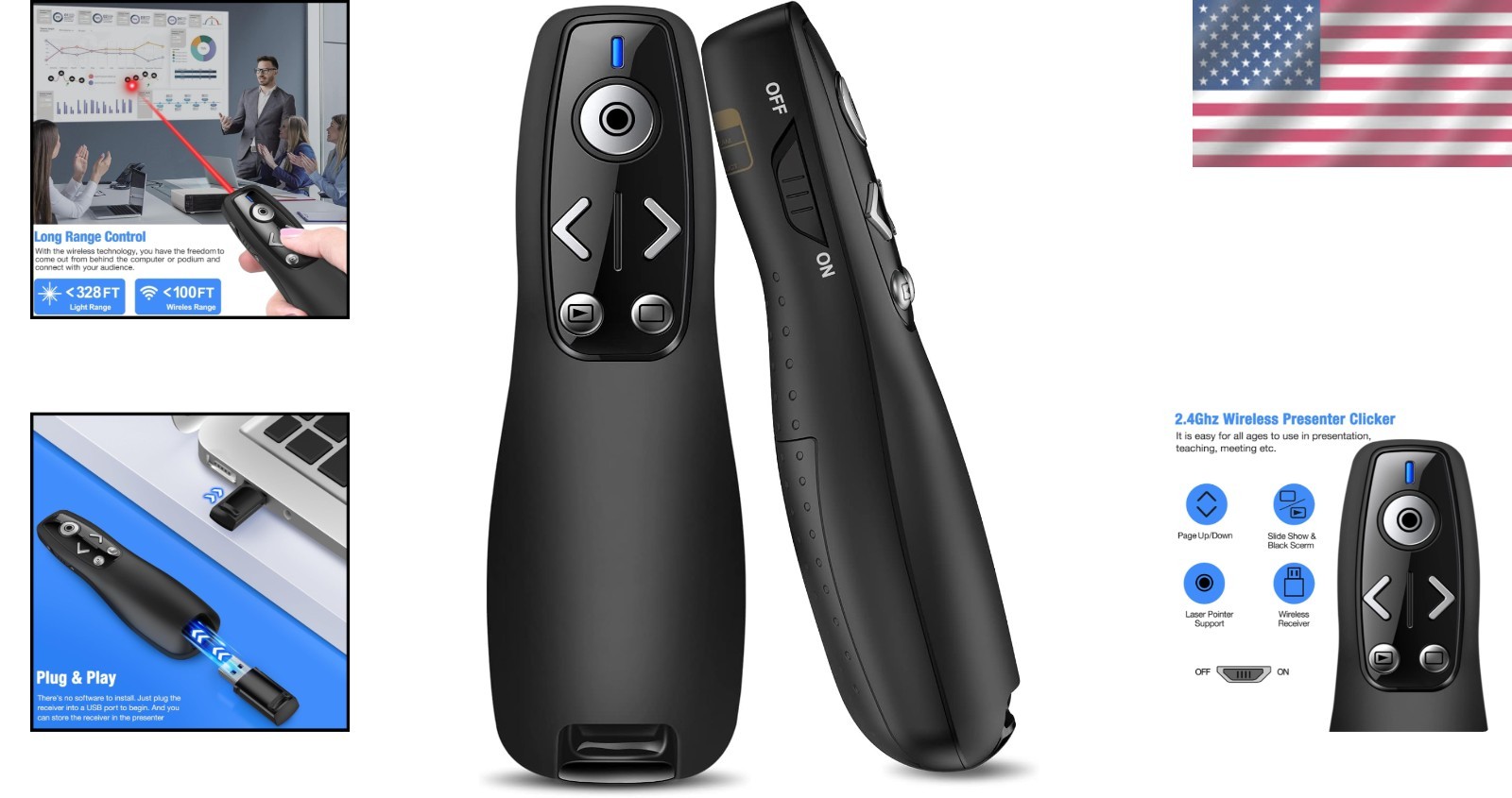 Long-Range PowerPoint Clicker with Hyperlink & Volume Control for Professionals