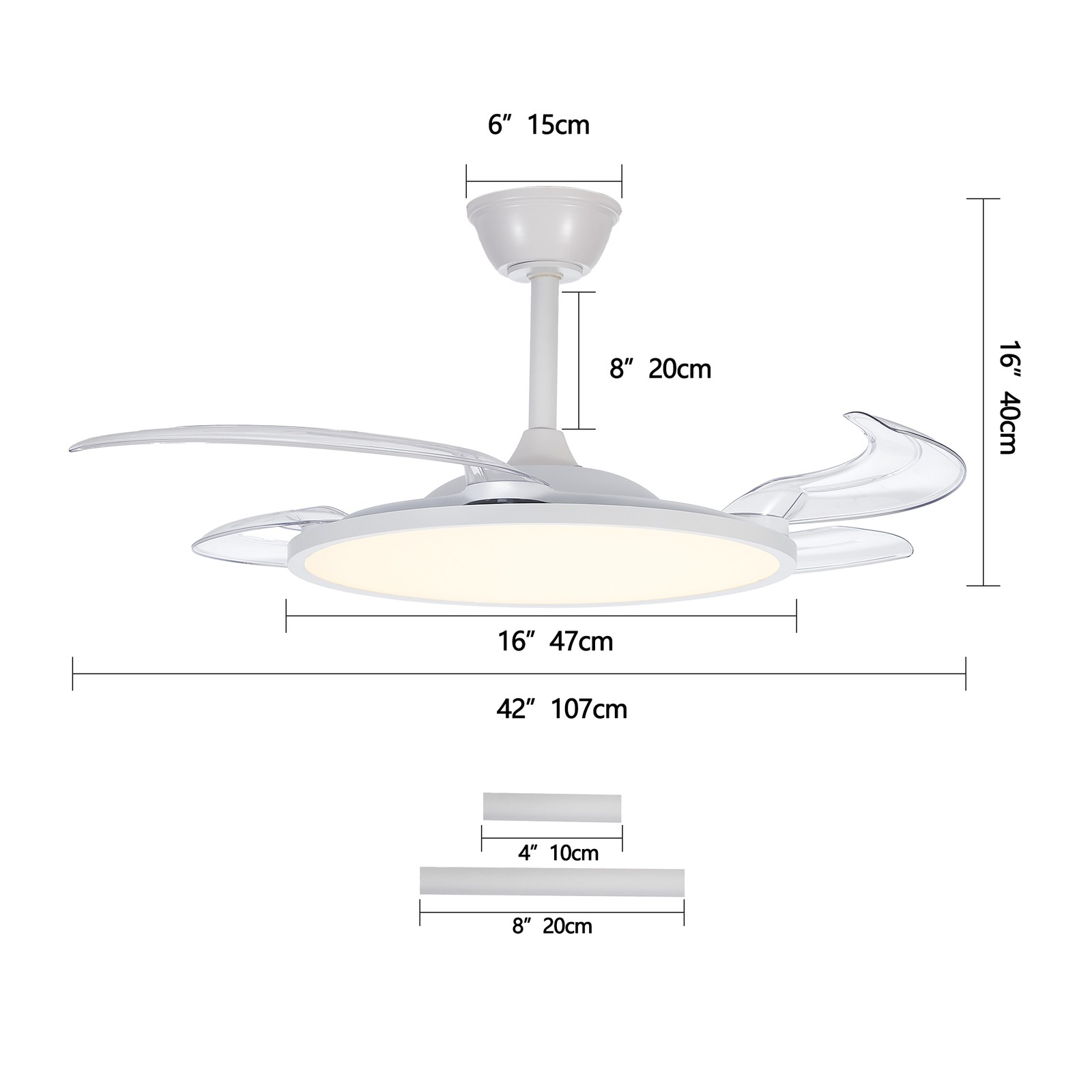42 inch White Low Profile Retractable LED Ceiling Fan Remote Control with Light