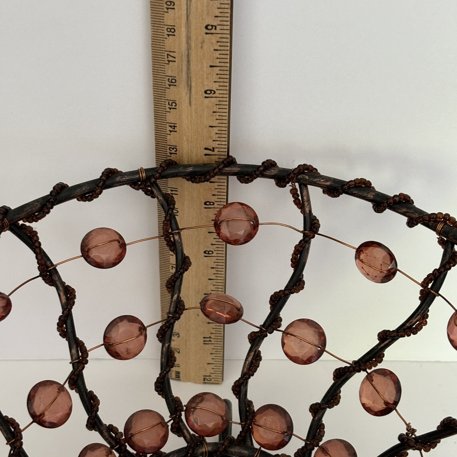 Metal Wire Beaded Basket Bowl Amber Beads Fall