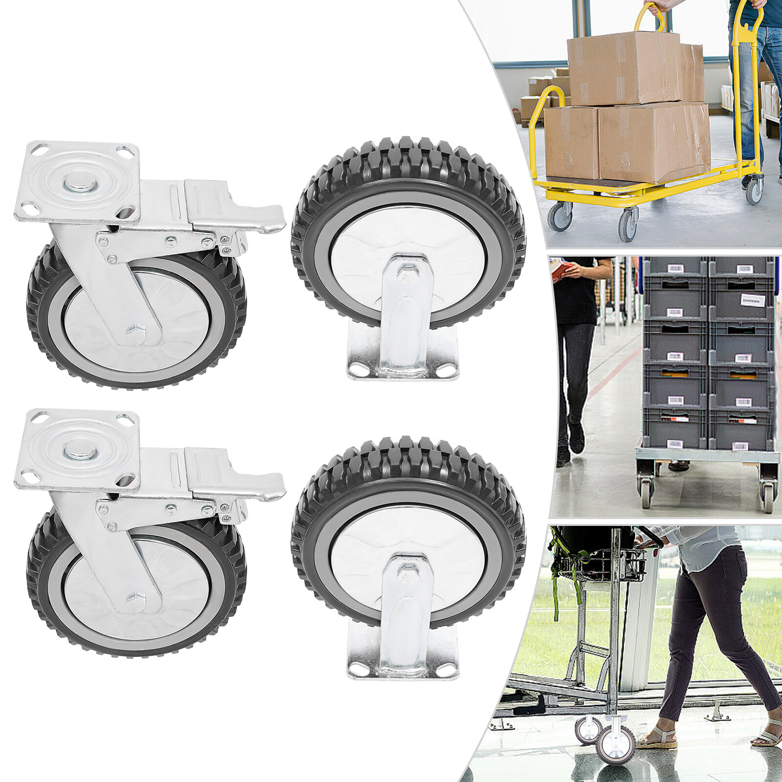 4PCS 8 Inch Dustproof Handling Wheels Fixed+Brake Heavy Duty Solid Caster Wheels