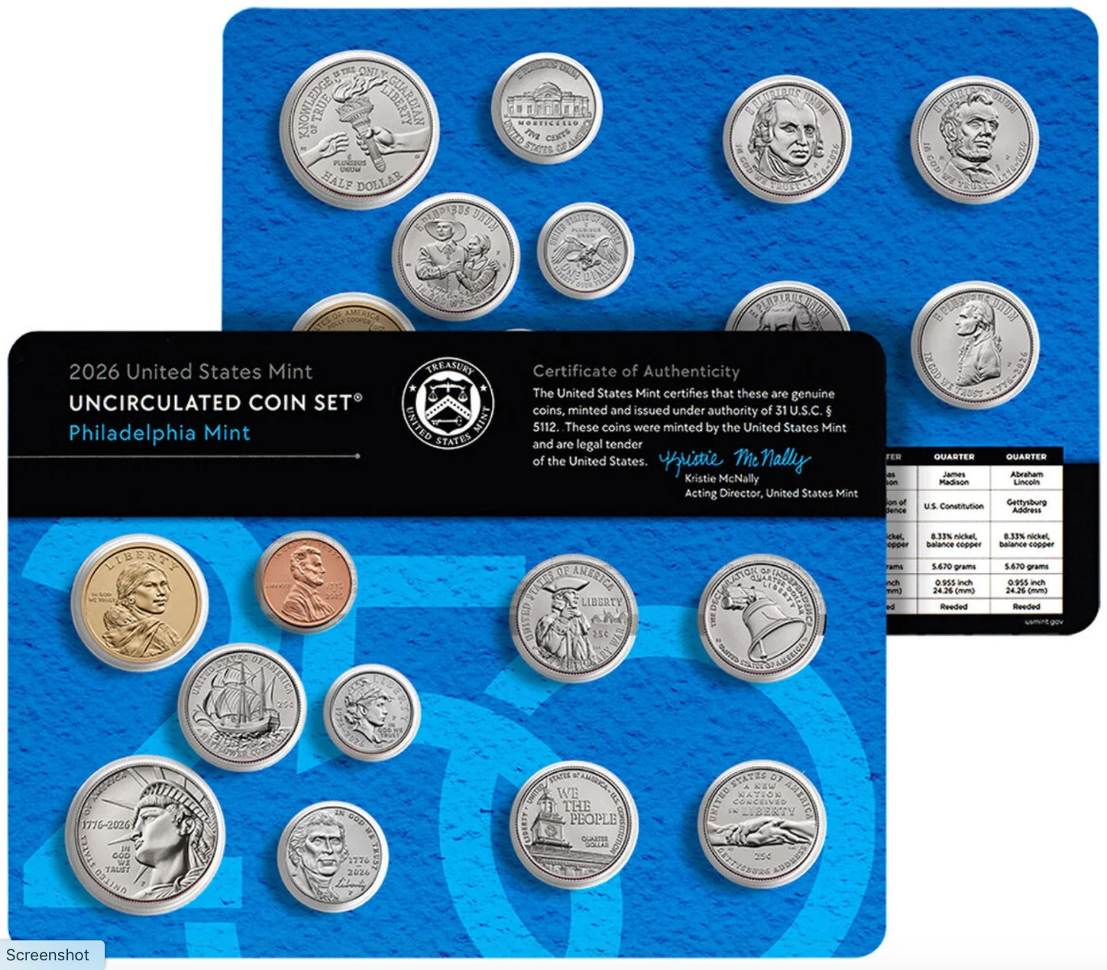 1776 - 2026 250th Anniv US Mint Uncirculated -P and -D 20 Coin Sets