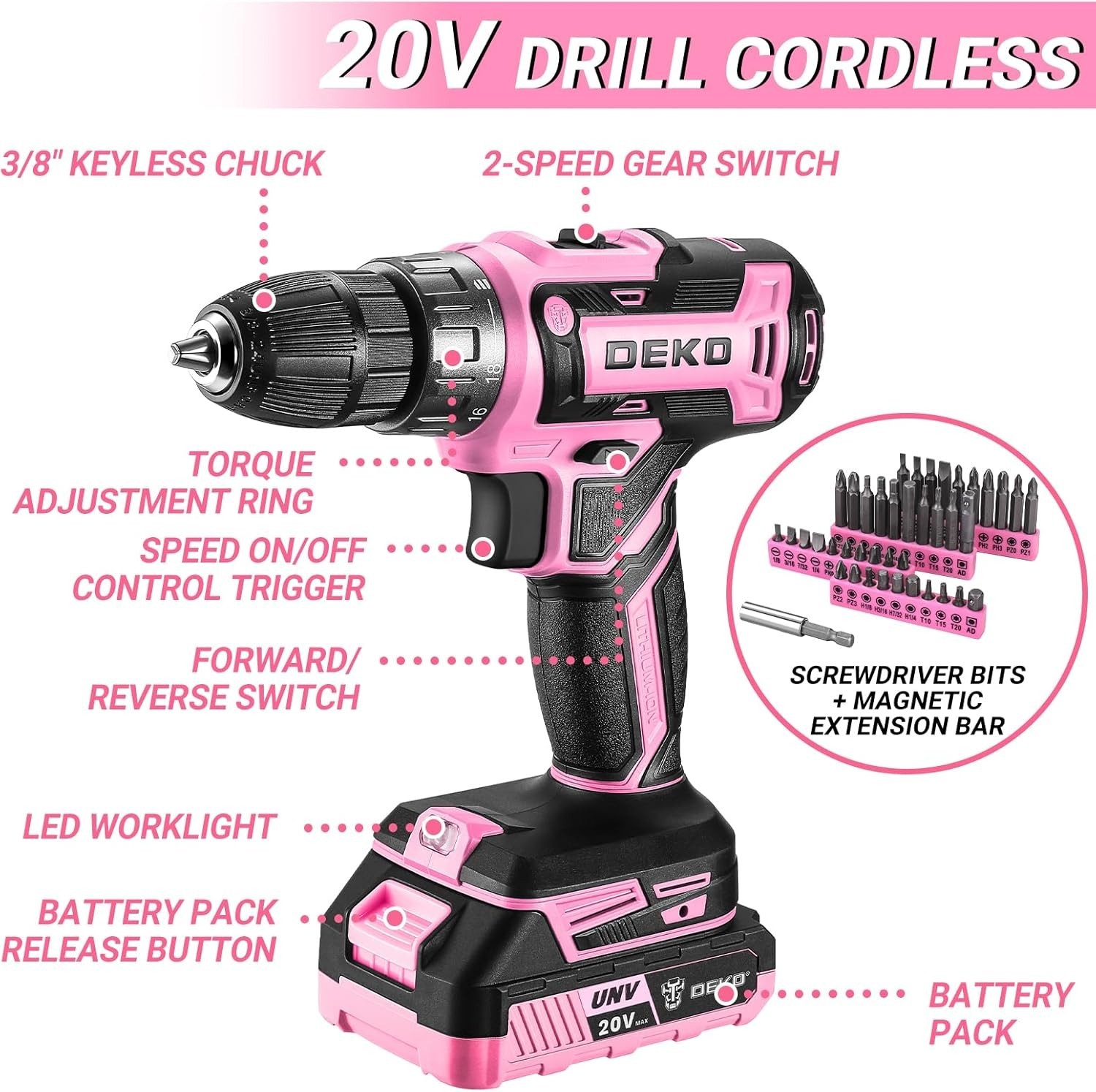 Pink Power Drill Tool Kit Set: 20V Cordless Electric Drill, Driver, Tool Box ...