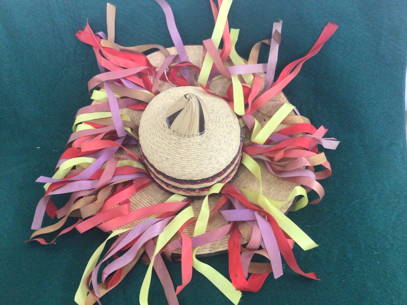 Vtg 1950,s Myan Festival Colorful Ribbons Straw Hat South Central America Mexico
