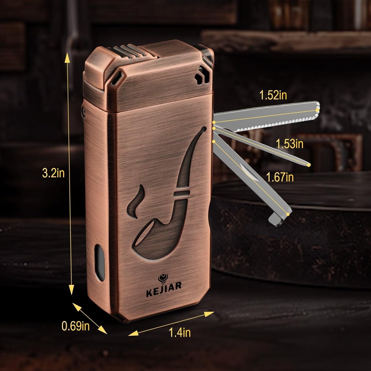 Pipe Lighter with Stand, 3 Collapsible Cleaning Tools, Refillable ,Bronze Color