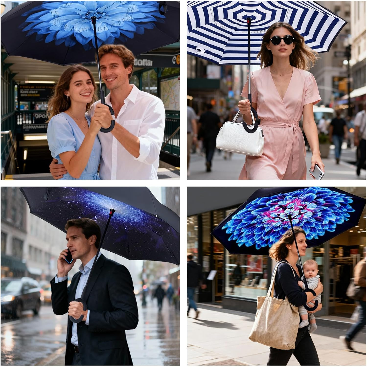 Windproof Inverted Umbrella, Large Reverse Umbrellas for Rain with C-Shaped Hand