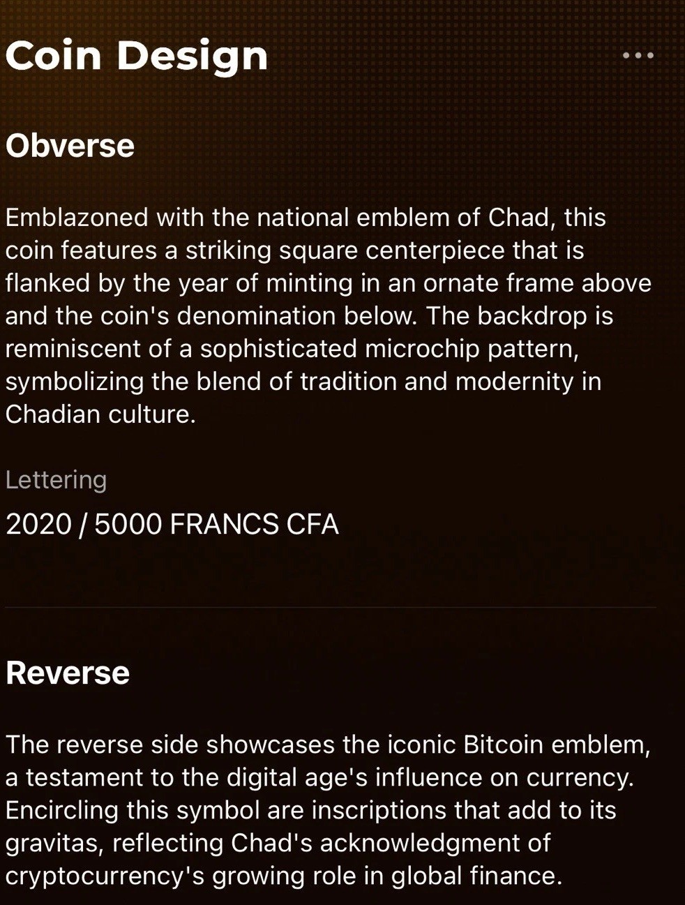 Chad 5000 Frances, Crypto Currency- Bitcoin 2020 Copper.