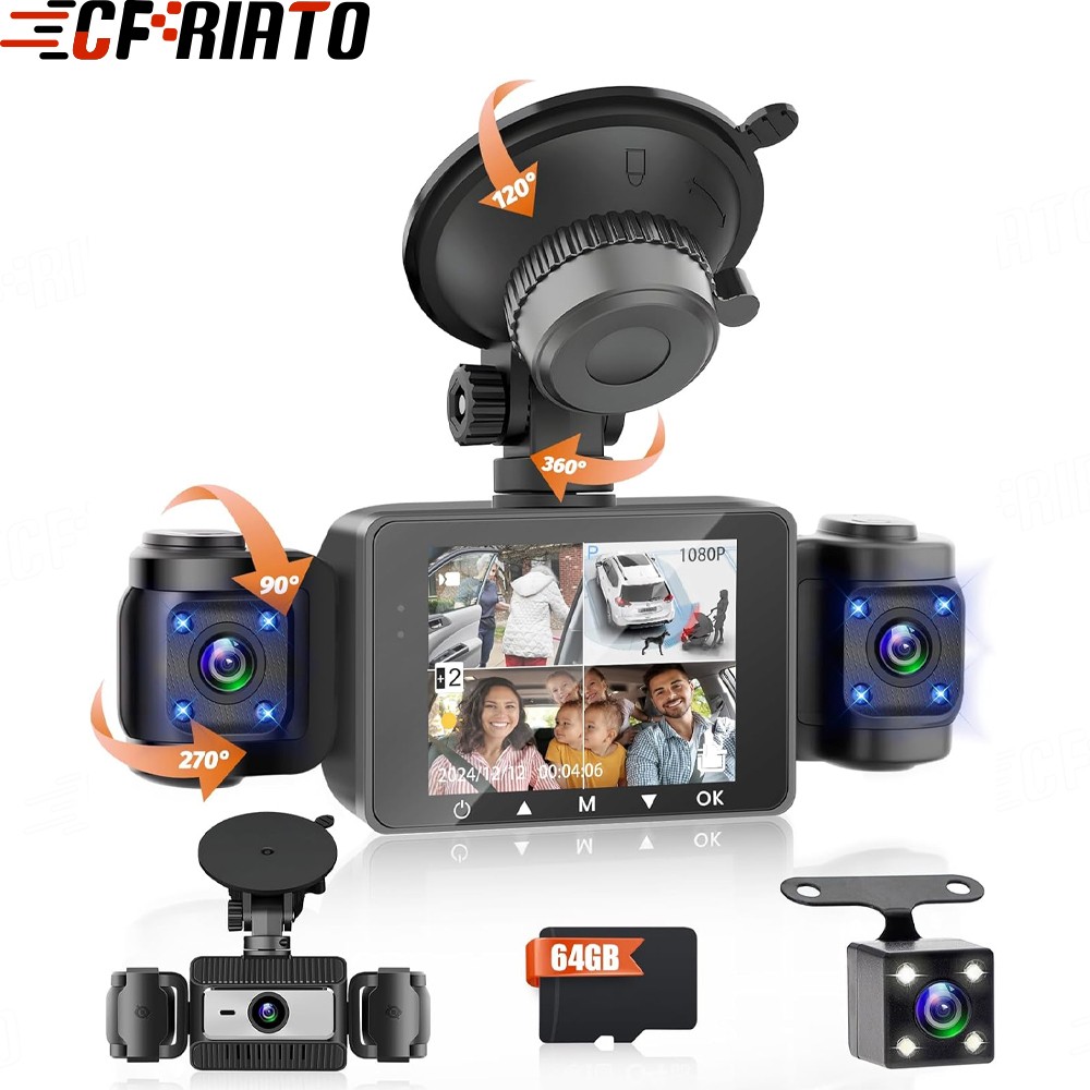 4-Channel Dashcam 360° 1080P HD Car Dash Cam Front Rear Inside Left Right w/64GB