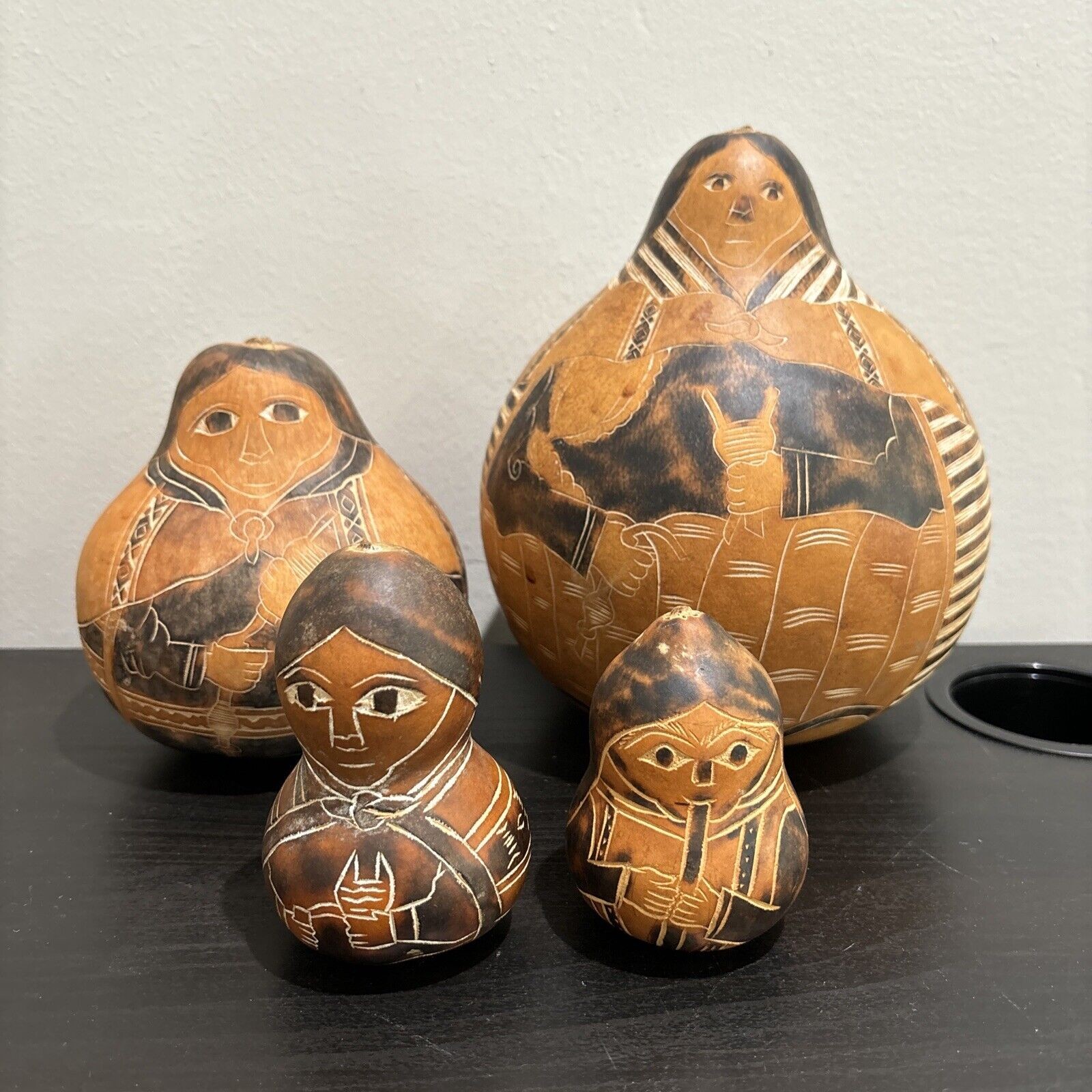 Vintage Handmade Carved Peruvian Folk Art Gourd Family Set Of 4
