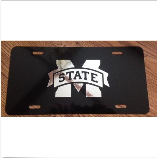 Mississippi MS State Bulldogs Black Plate with Mirrored Vinyl License Plate/Tag