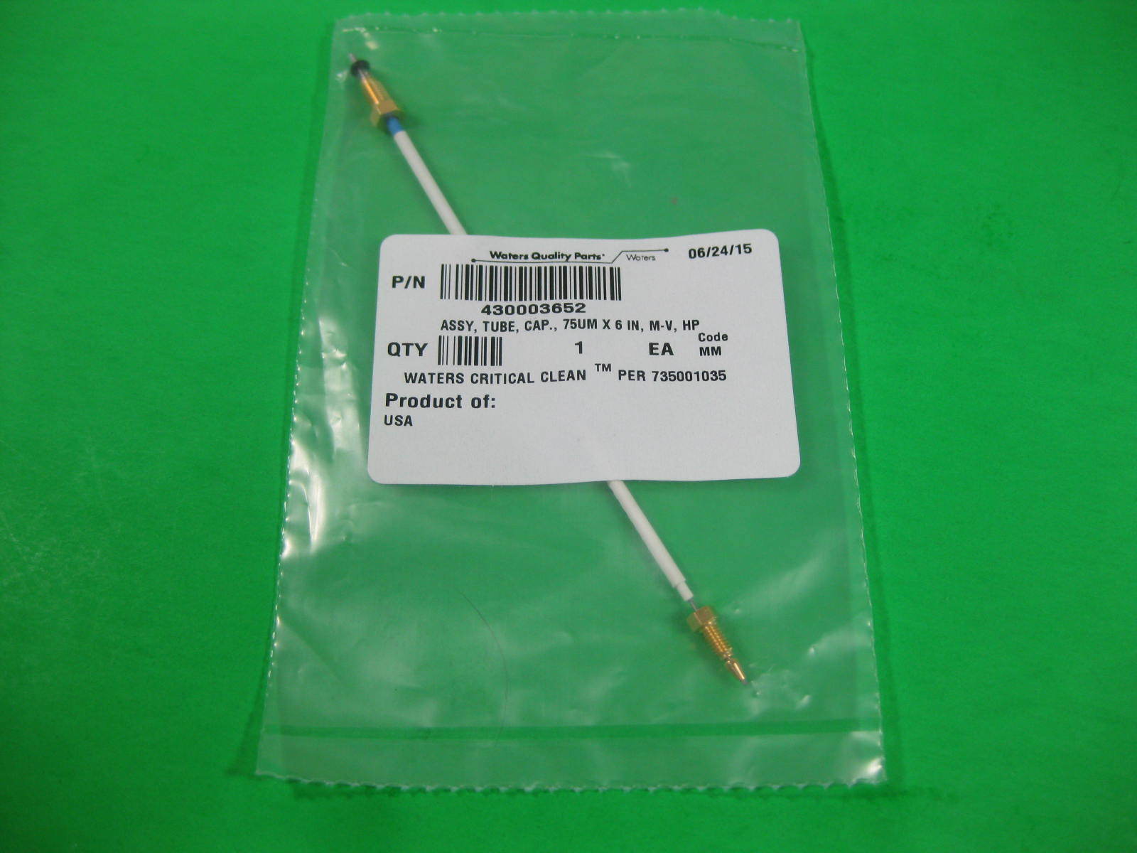 Waters Assy Tube Cap 75um x 6" M-V, HP -- 430003652 -- New