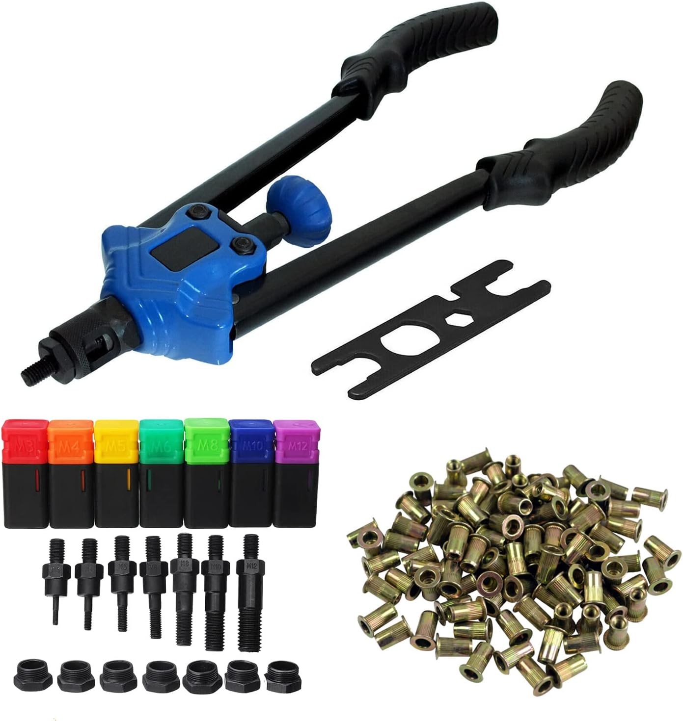 Hand Rivnut Gun Riveter Nutsert Repair Tool M3-M12 Mandrels + 200pc Nut Rivets