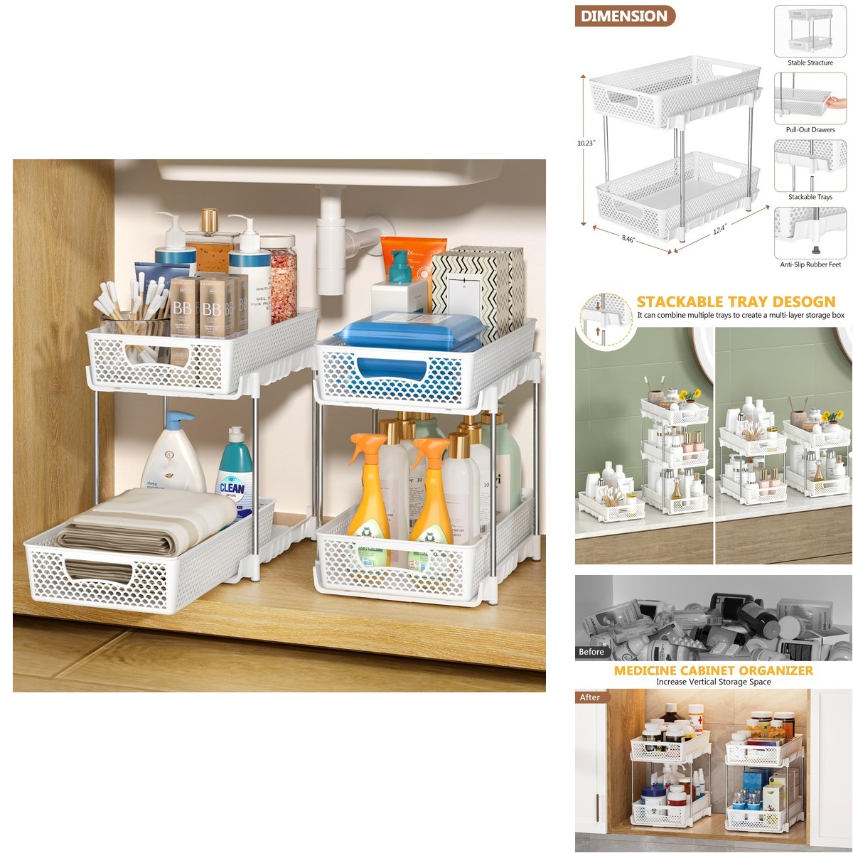 DABIGE 2 Pack Pull Out Bathroom Organizer 2 Tier Stackable Under Sink White