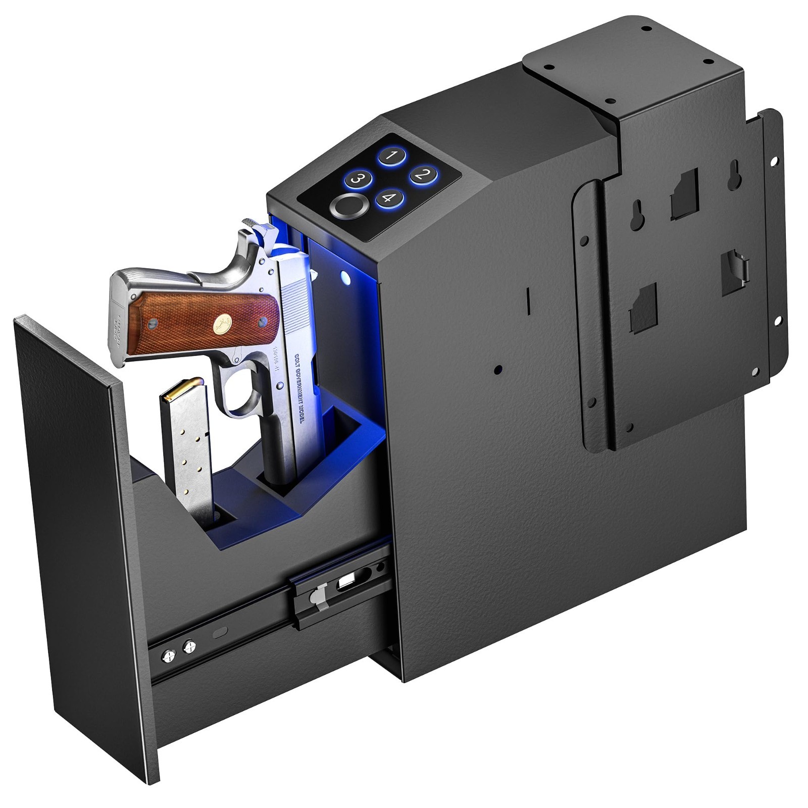 Biometric Handgun Safe - Full Size Auto Sliding Gun Lock Box for Nightstand, Des