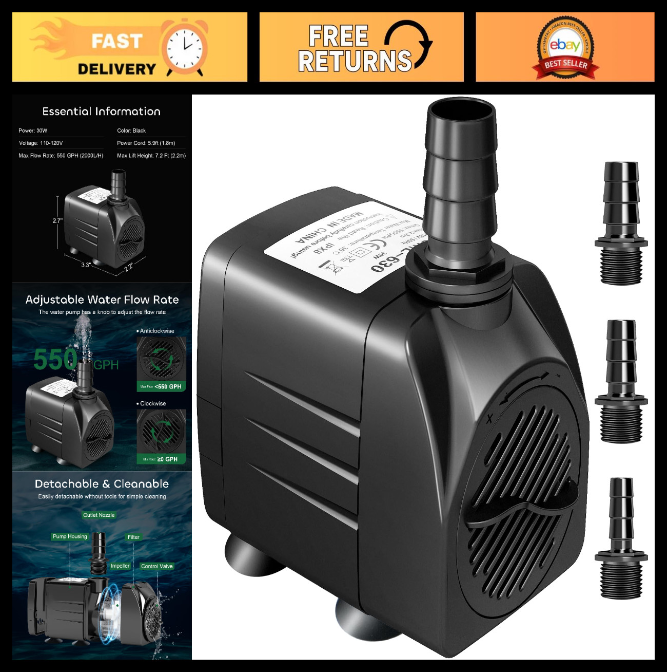 550GPH Submersible Water Pump 30W for Aquarium, Pond, Hydroponics, 3 Nozzles