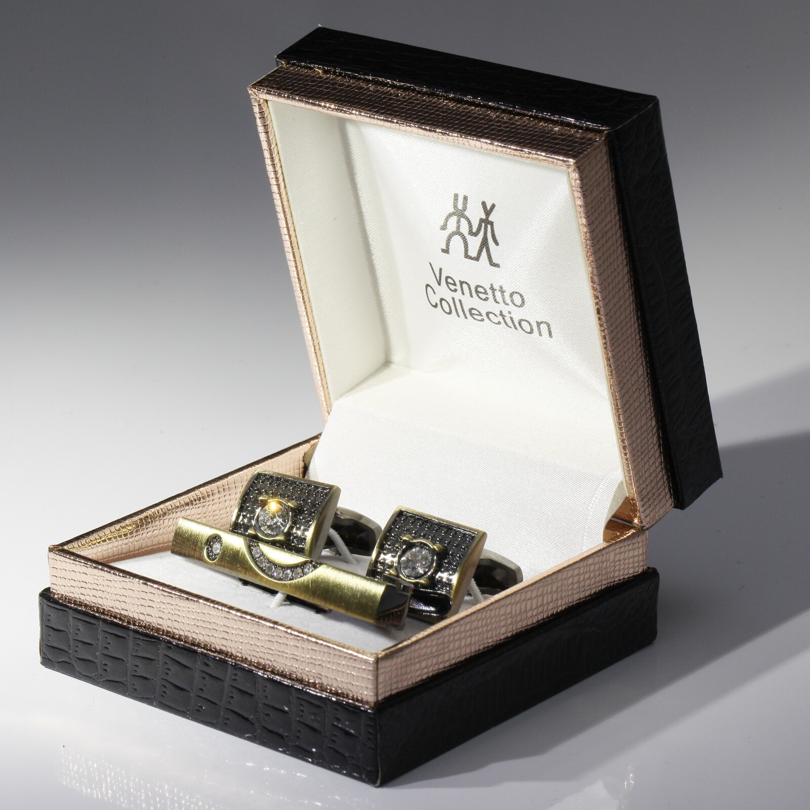 CO-6082 Venetto Collection Cuff Links & Tie Bar Faux Bronze Faux Diamonds Design