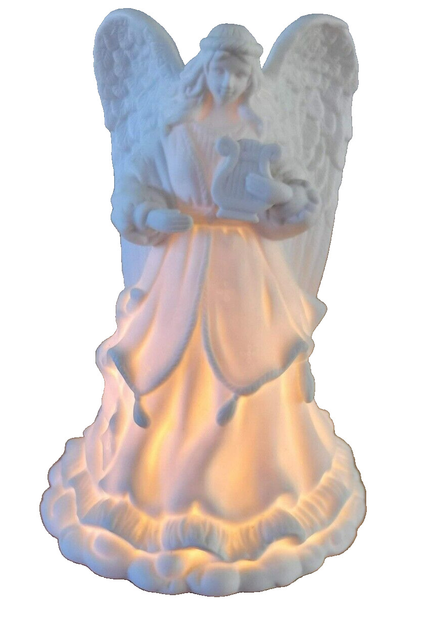 Porcelain White Beautiful  CHRISTMAS ANGEL Playing Harp NIGHT LIGHT Figurine