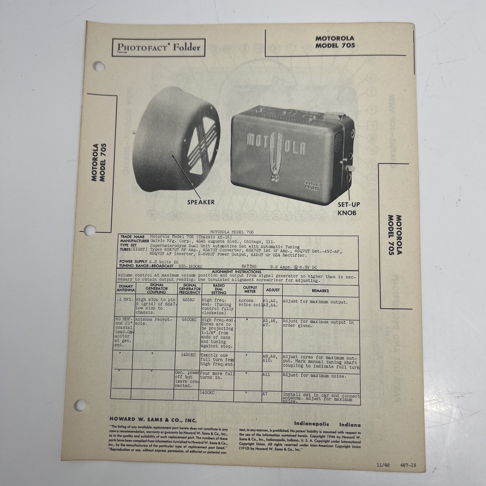 Vintage 1946 SAMS PHOTOFACT Manual & Schematics Motorola 705 Vacuum Tube Radio