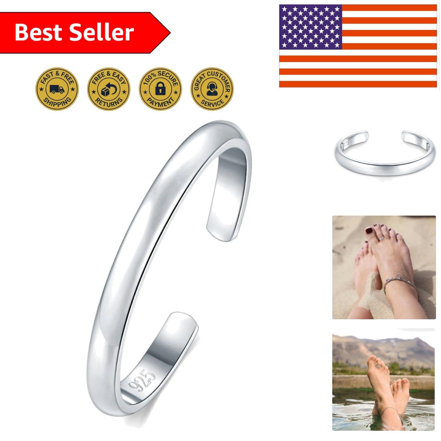 Stylish 925 Sterling Silver Toe Rings with Eco-Friendly Gift Bag - 2mm, 3mm, 4mm