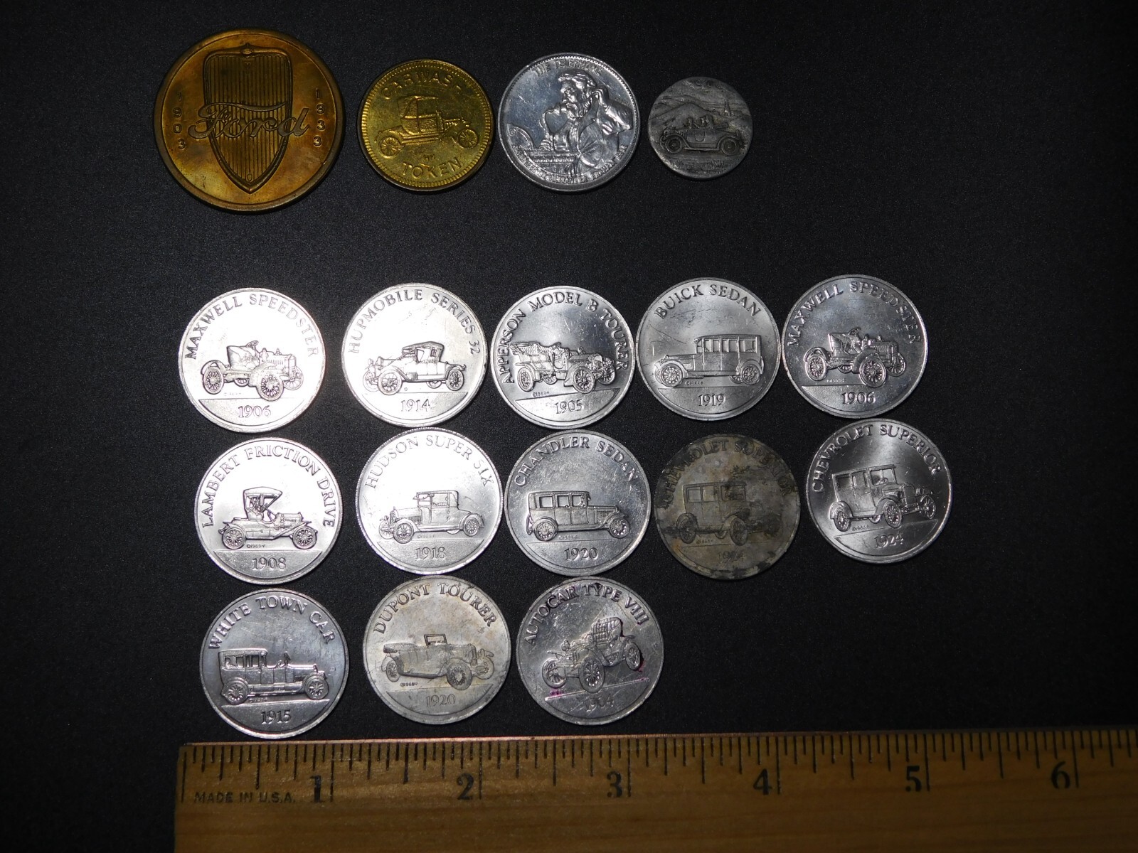 17  TOKENS COINS  (13) ANTIQUE CAR COIN SERIES (1) CAR WASH (1) FORD (1) SHELL +