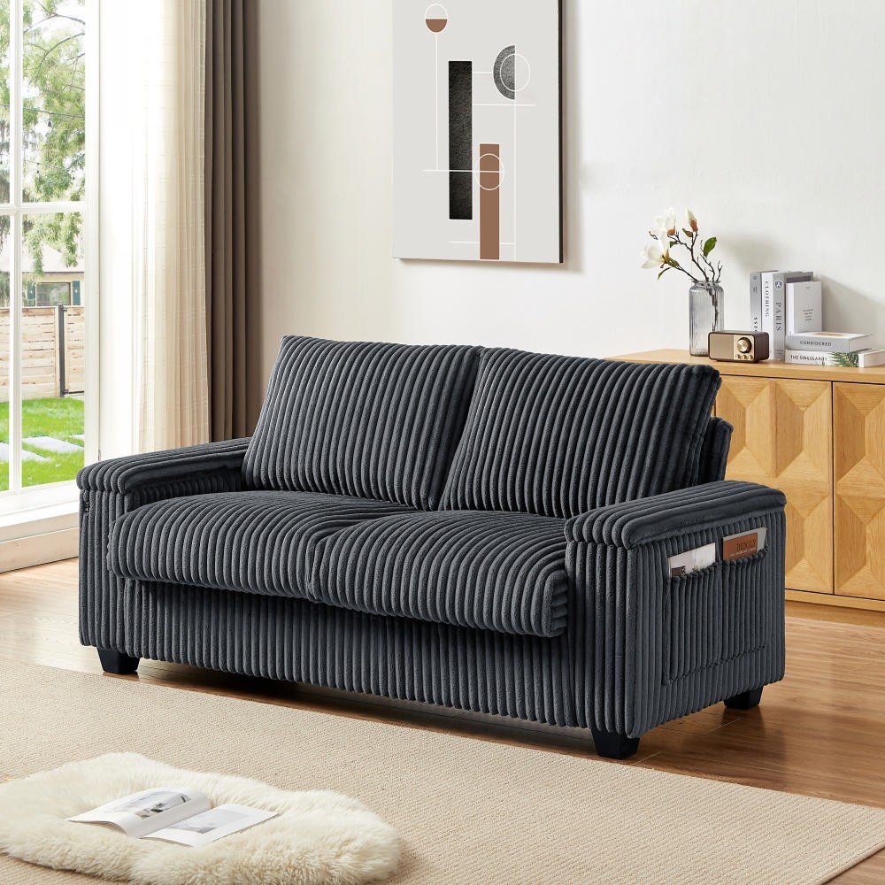 71" Corduroy Sofa with Storage Armrest USB and Plush Square Design