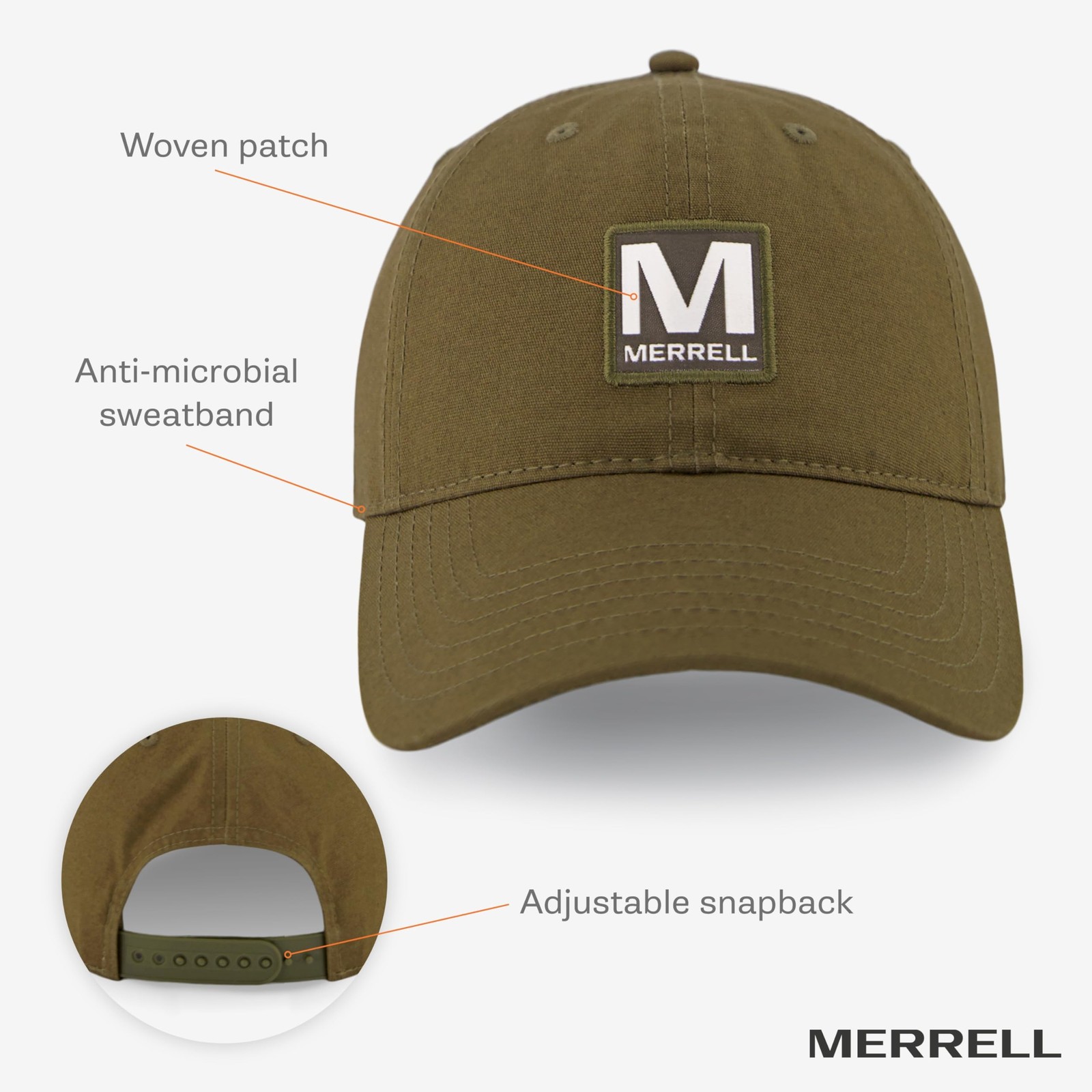 Merrell Patch Cotton Canvas Cap, Plastic Snapback & One Size, Iguana