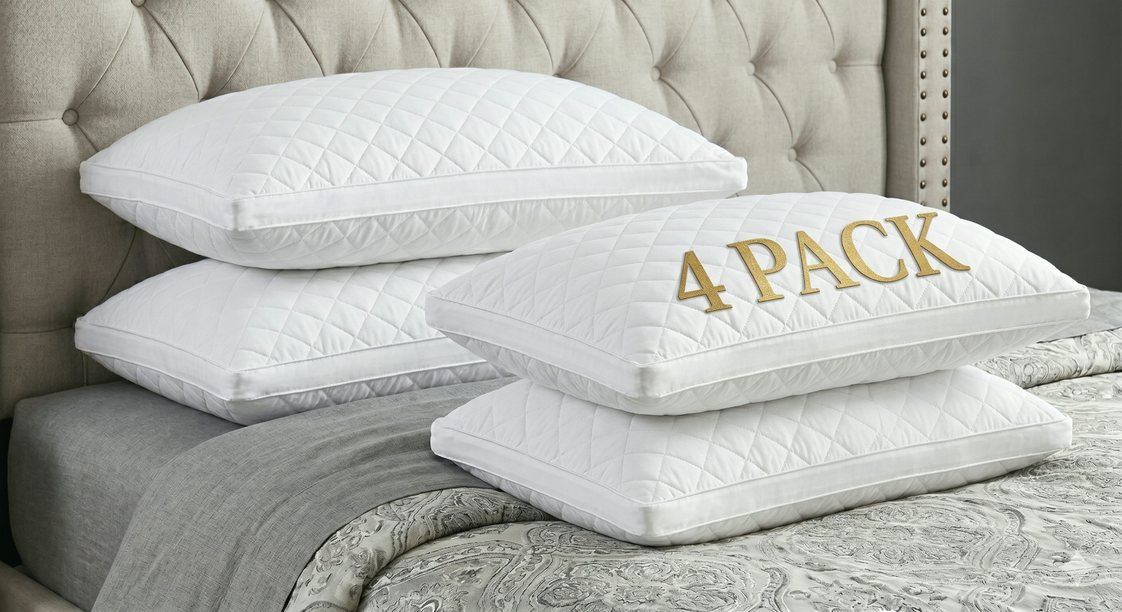Diamond Queen Pillows Set of 4 Bed Hotel Sleepers 100% Cotton Washable Microfibe