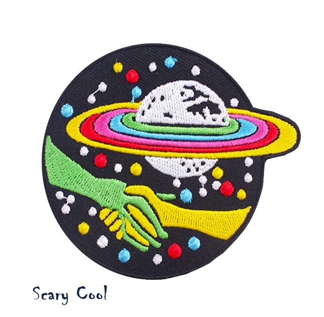 New UFO Alien Human Hand Shake Rainbow Embroidered Patch Iron On Biker Patch