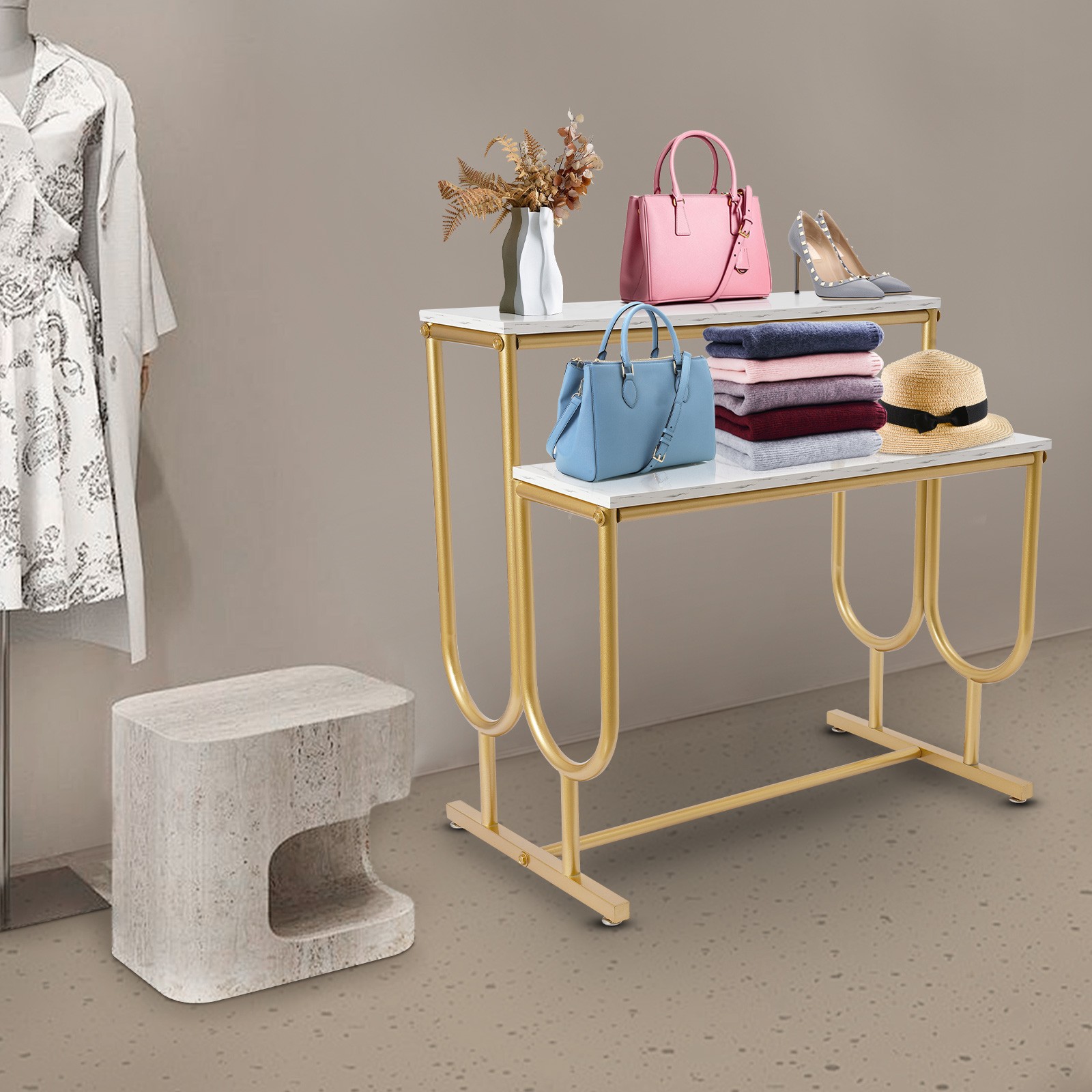 Purse Display Stand, Free Standing Handbag Display Stand, 2 Tier Display Table