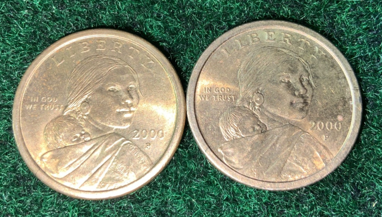 Sacagawea 2000 P (2) dollar coins w/ errors DDO DDR doubling on most letters