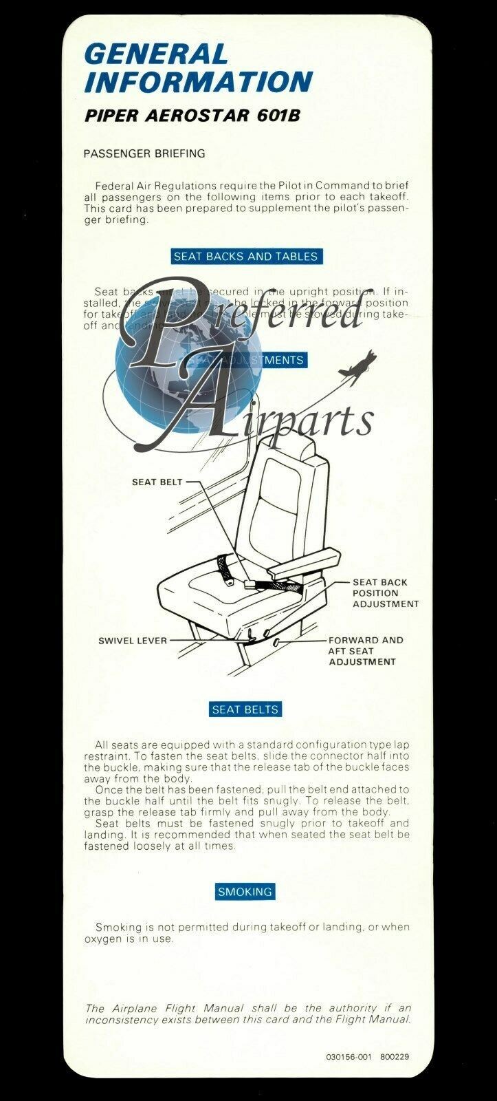 Lot of 10 Piper Aerostar 601B Passenger Briefing Cards PN 030156-001