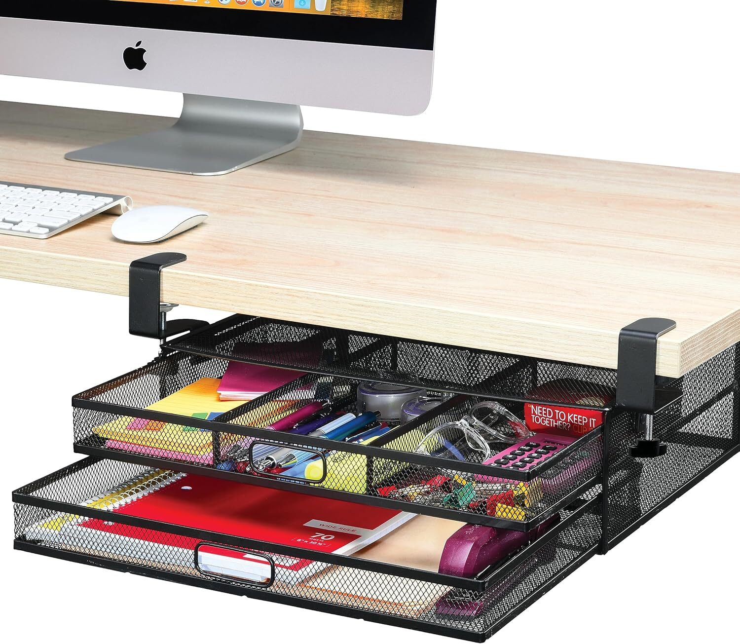 Under Desk Drawer Organizer Clamp-On, Mesh Metal Desk Drawer Attachment, 2 Drawe