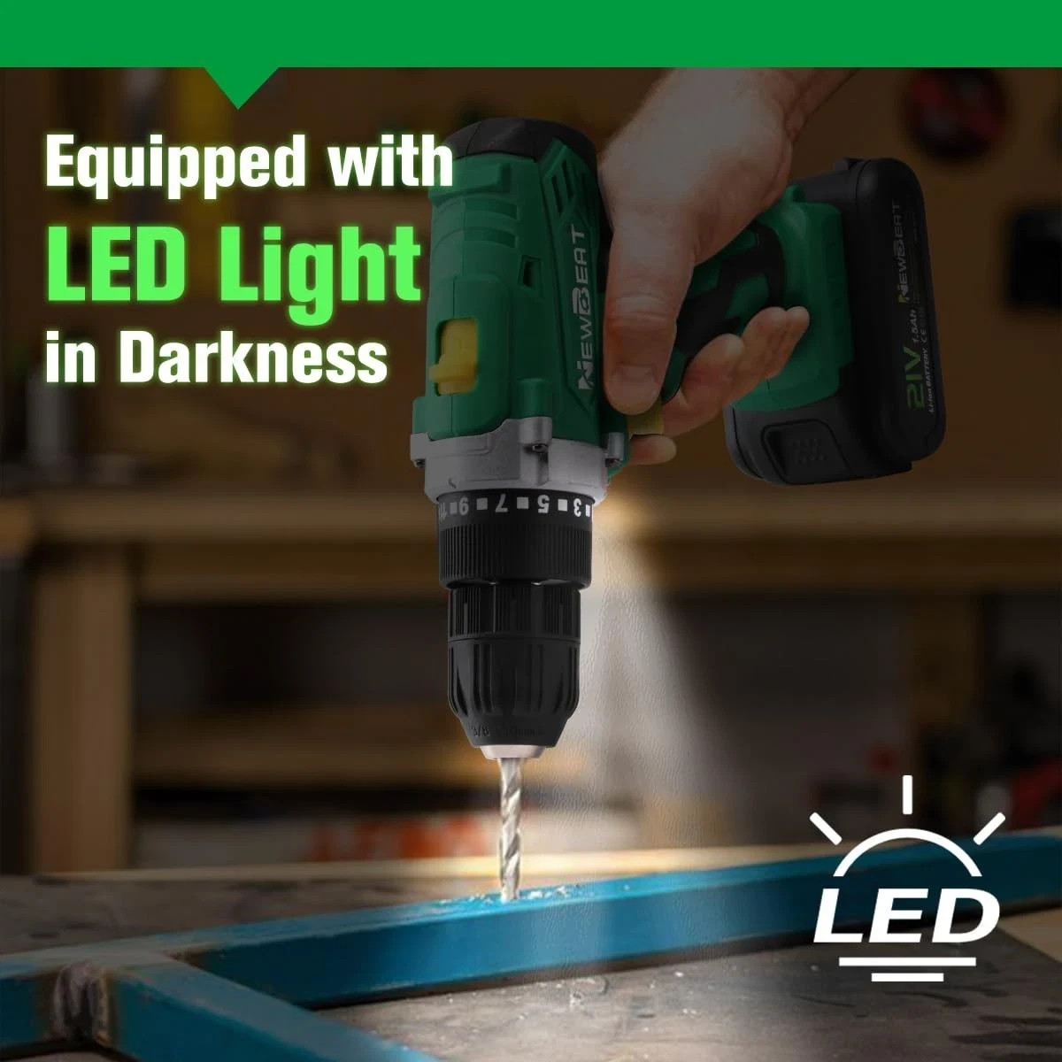 Variable Speed Cordless Drill Driver 21V Li-Ion Battery w/ LED Work Light