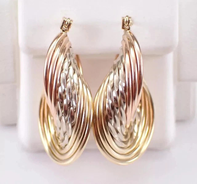 Vintage Estate Hoops Twisted Women's Hoop Earrings 14K Tri Color Gold Plated