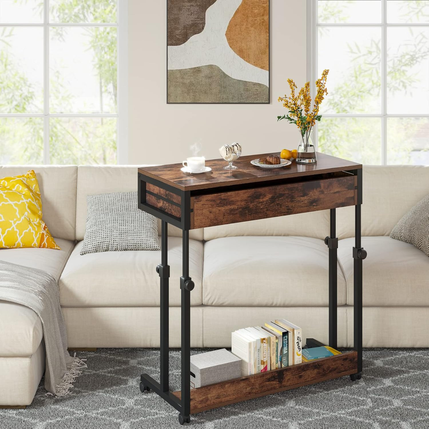 Portable Desk with Drawers, Mobile Laptop Desk with Wheels, Sofa Side Table Smal