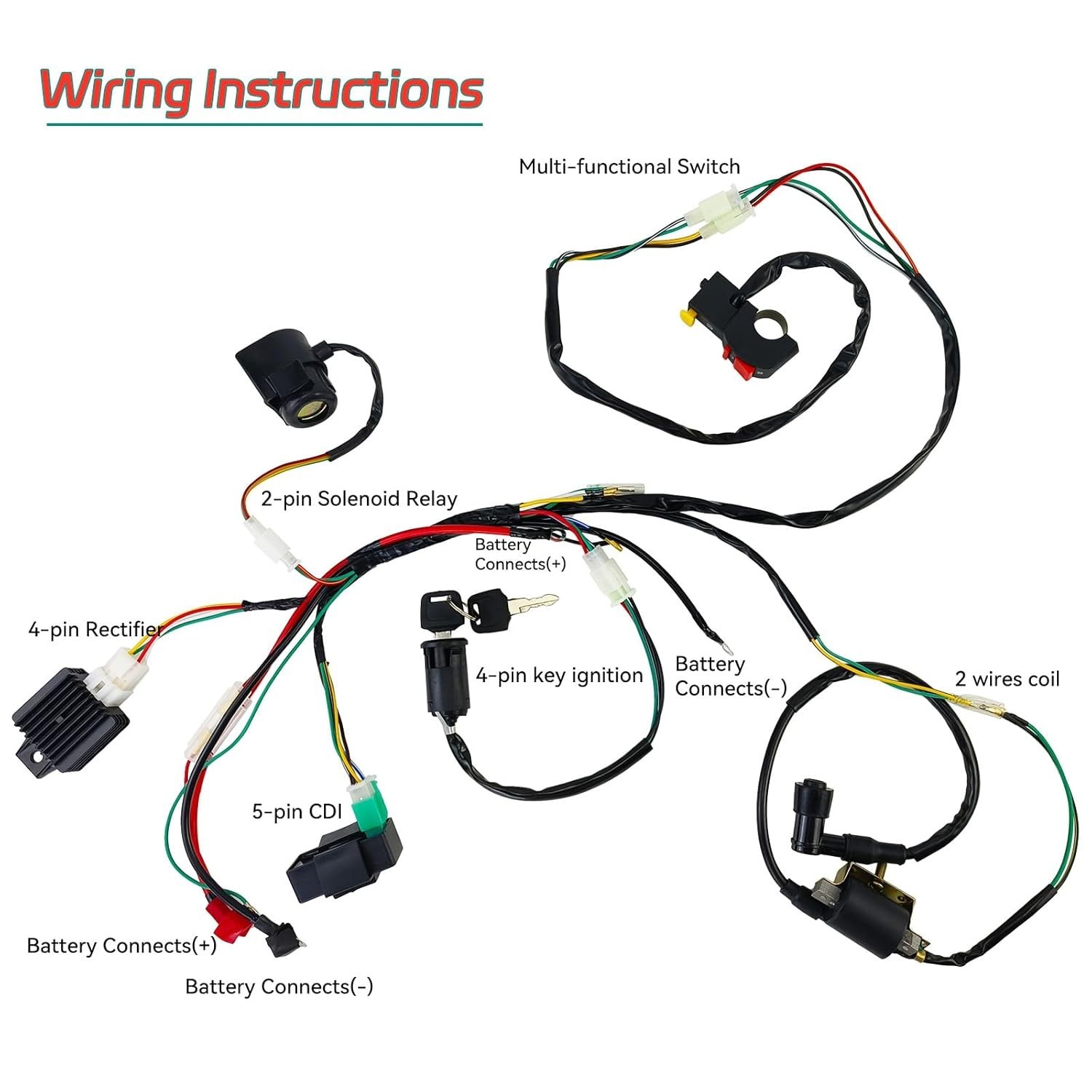 Electric Wiring Harness Kit with CDI Ignition Coil - Compatible with 4-Stroke