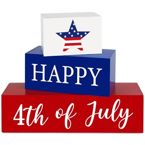 Wooden Happy 4th of Decorations Table Sign, Red Blue White Table July