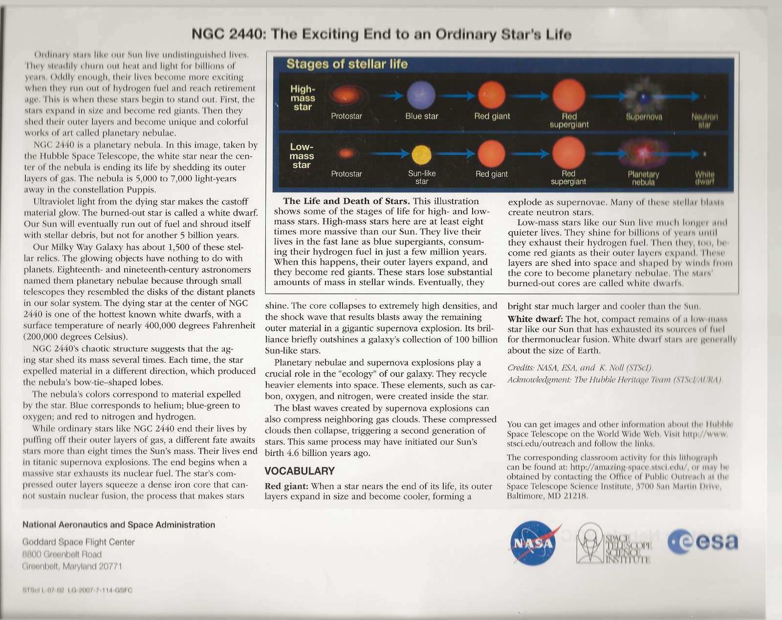 Planetary Nebula NGC 2440 NASA Educational Offset Lithograph Print Used VG-