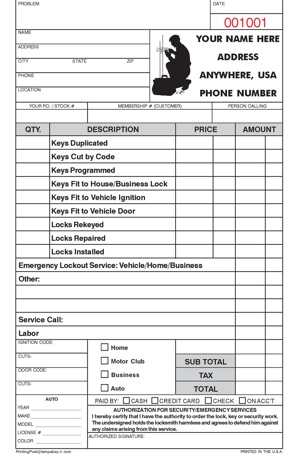 500 2-part NUMBERED Locksmith Invoices - Receipts - Custom Printed