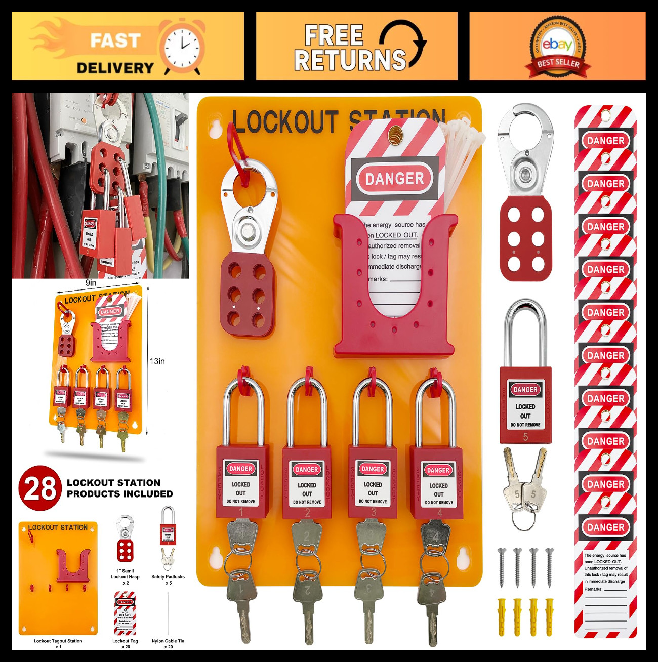 Lockout Tagout Station Metal Kit - 2 Hasps, 20 Tags, 20 Cables, 5 Locks - Safety