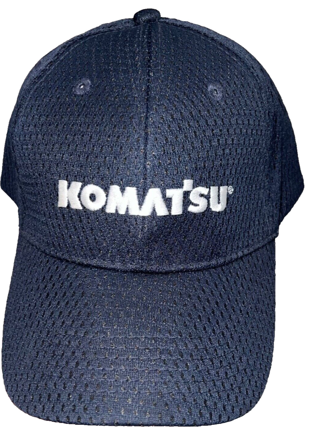 KOMAT’SU White on Navy Blue Fabric Mesh Hat Cap Hook Loop