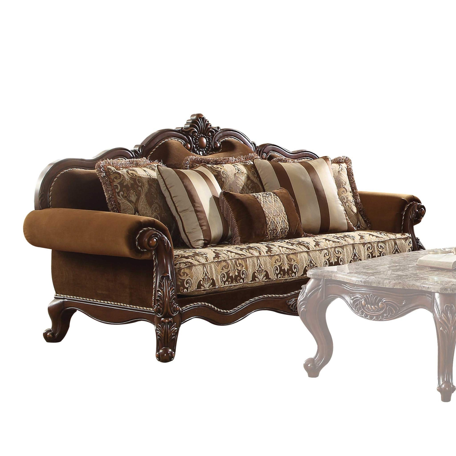 37 Oak Velvet Floral Sofa And Toss Pillows With Espresso Legs