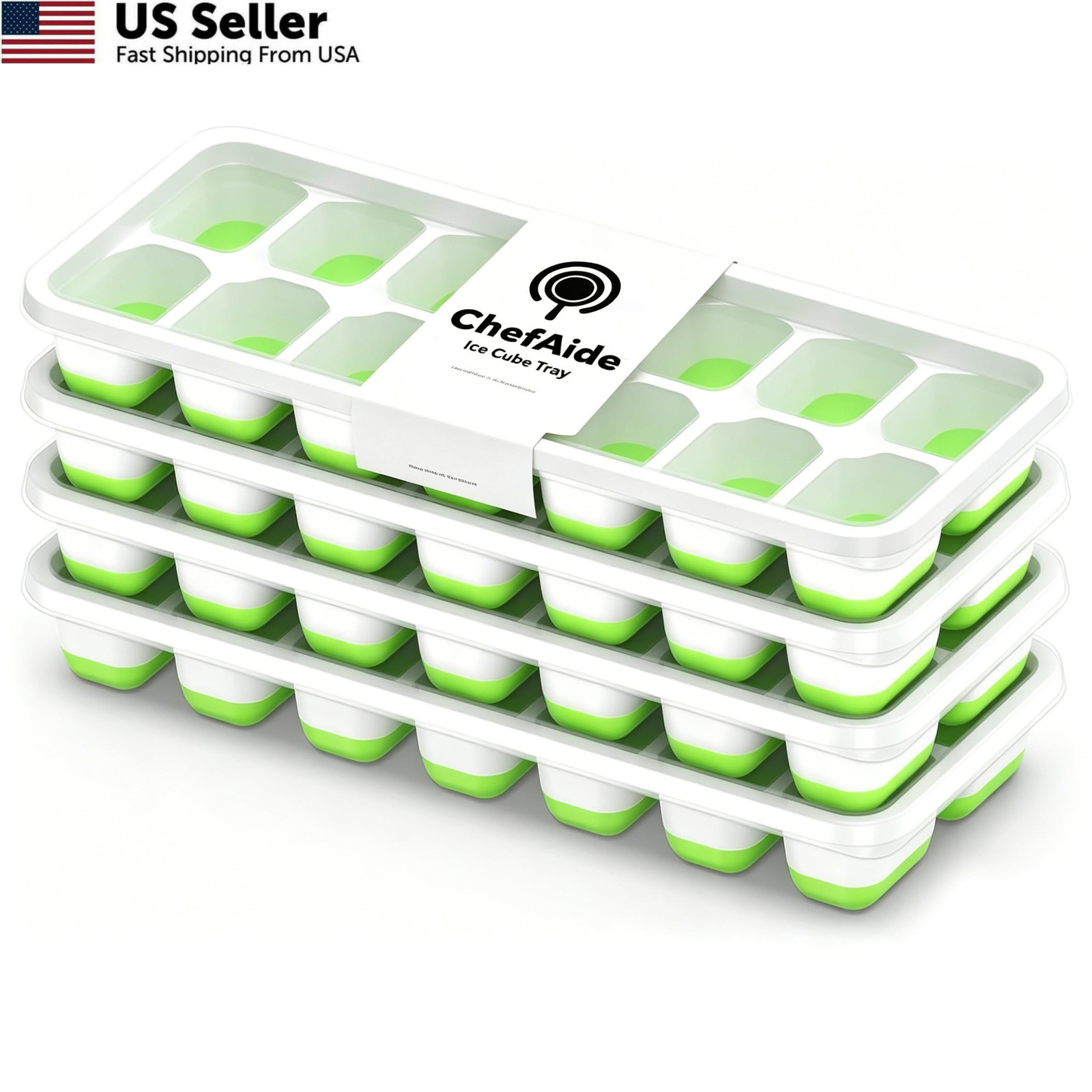 ChefAide 4‑Pack Ice Cube Trays with Lids, 56‑Cube Tray 4 Pack, Green