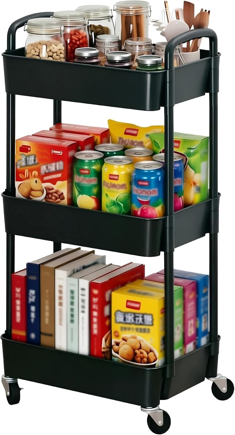 Sleek Mobile Organizer: 3-Tier Utility Cart with Easy Assembly & Locking Wheels