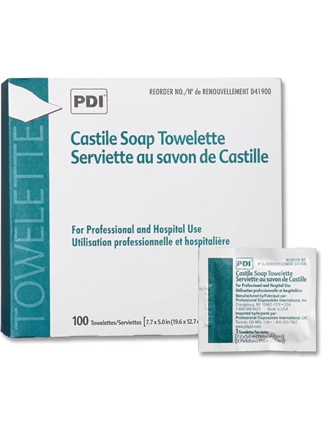 Lot of 200 PDI D41900 Castile Soap Towelettes 2% Coconut Oil; 2 New Boxes of 100