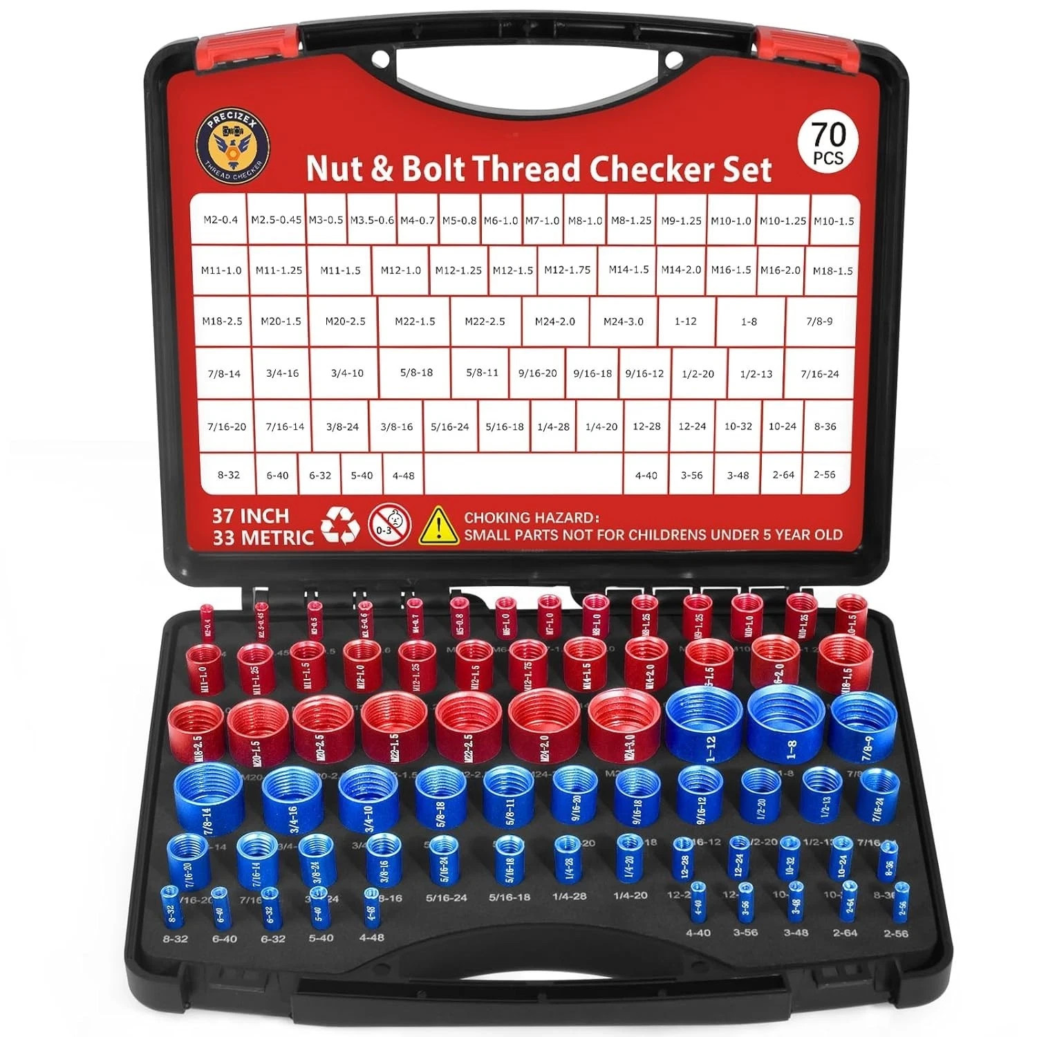 70 Pcs Thread Checker Nut and Bolt Thread Checker Set with 37 Inch and 33 Metric